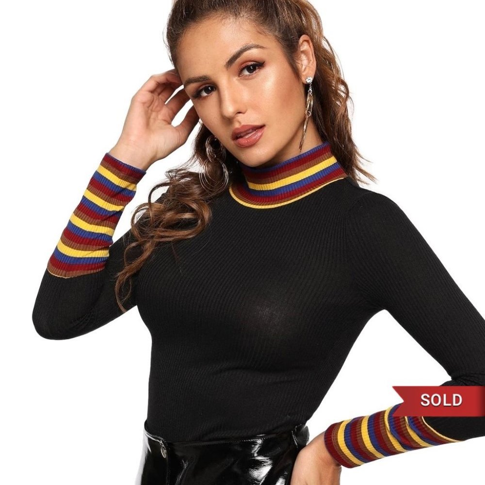 Mock Neck Striped Rib Top - Picture 1 of 7